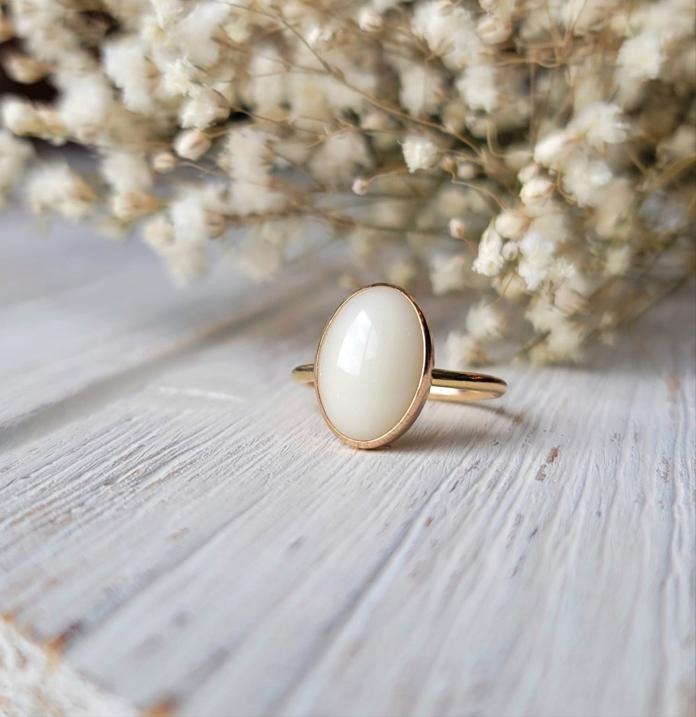 Milky Fern Simplicity Oval Ring - 14K Yellow Gold Filled